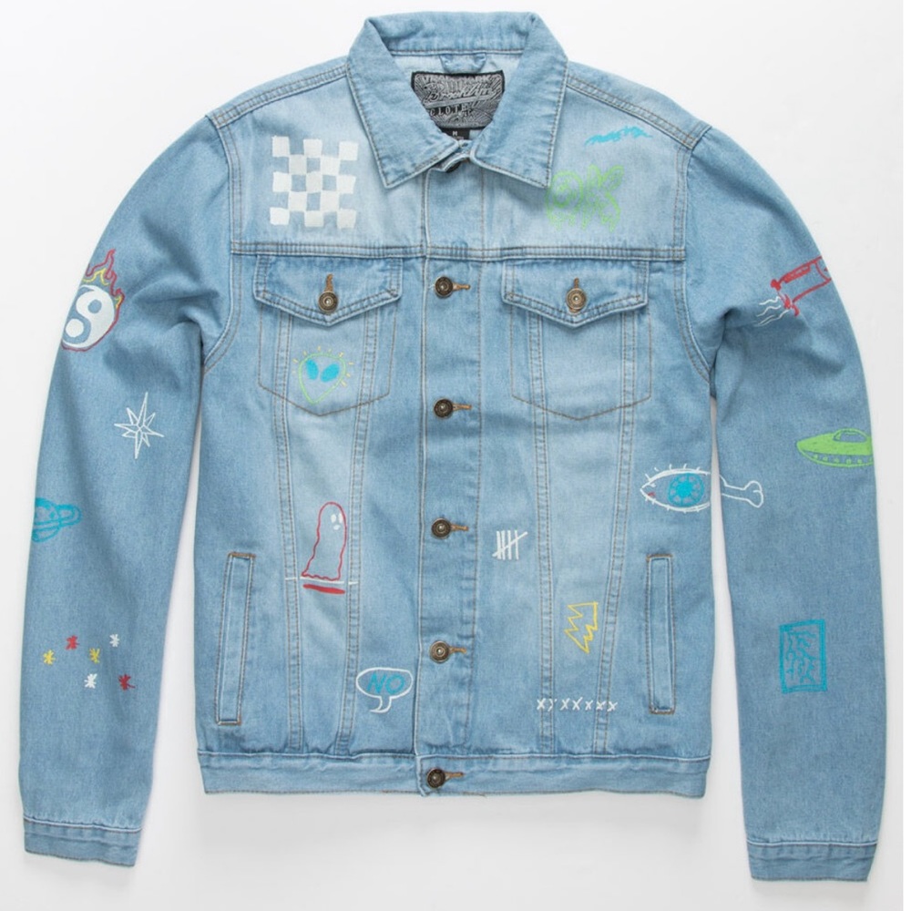 BROOKLYN CLOTH MFG CO Men's Blue Jean Denim Graphic Print Jacket Size Small NEW